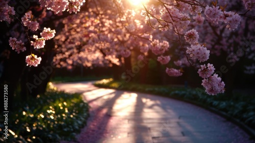 A serene pathway adorned with pink cherry blossoms, illuminated by the gentle morning sunlight creating a peaceful and calming atmosphere for a morning walk.