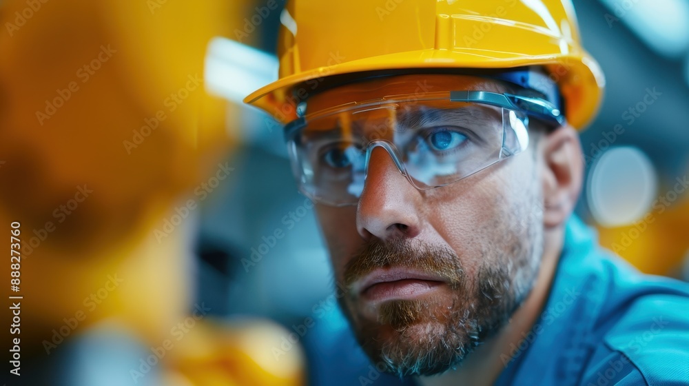 An engineer in a factory wearing a yellow helmet, appearing focused on his work, highlights the importance of safety and precision within an industrial environment. An engineer in a factory wearing a yellow helmet, appearing focused on his work, highlights the importance of safety and precision within an industrial environment.