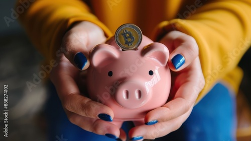 The piggy bank and bitcoin photo