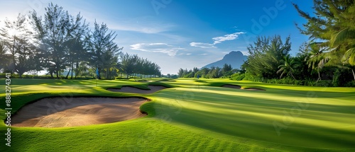 View of a golf course in Thailand with lush green grass, beautiful scenery with sand pits bunker beside the greens and golf holes. blue sky sunny day.
