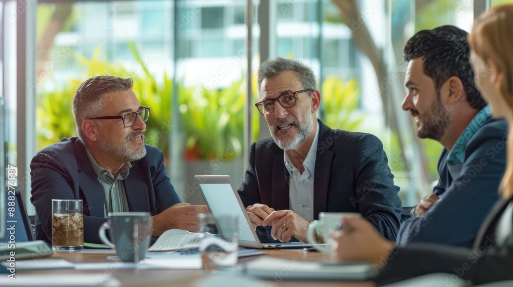 a. of a consultant and management team having a strategic discussion around a table with documents, laptops, and coffee cups, business consulting, management, busines