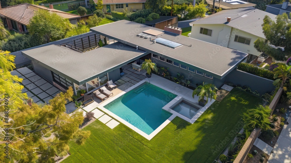 aerial view of a suburban mid-century modern home with a sleek, flat roof and an expansive backyard pool