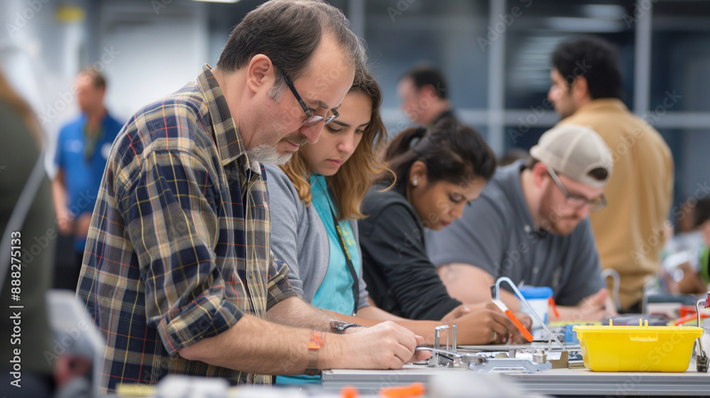 Employees learning new skills in a hands-on workshop, educational and skill-building, right third copy space Employees learning new skills in a hands-on workshop, educational and skill-building, right third copy space