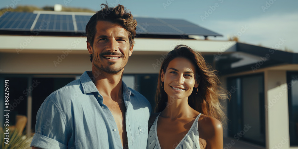 A happy man and woman stand in front of their house with photovoltaic panels on the roof. Solar panels. Environment and technology concepts. A happy man and woman stand in front of their house with photovoltaic panels on the roof. Solar panels. Environment and technology concepts.