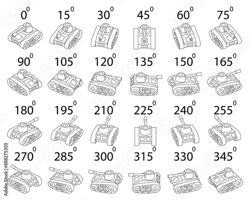 A set of 24 old tanks from different angles. Rotation of the tanks in outline by 15 degrees for animation.  