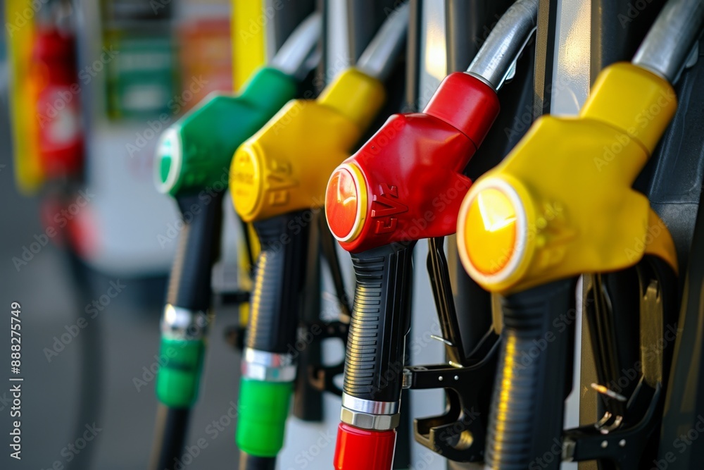 Fuel nozzles at gas station with blurred background refueling concept Fuel nozzles at gas station with blurred background refueling concept