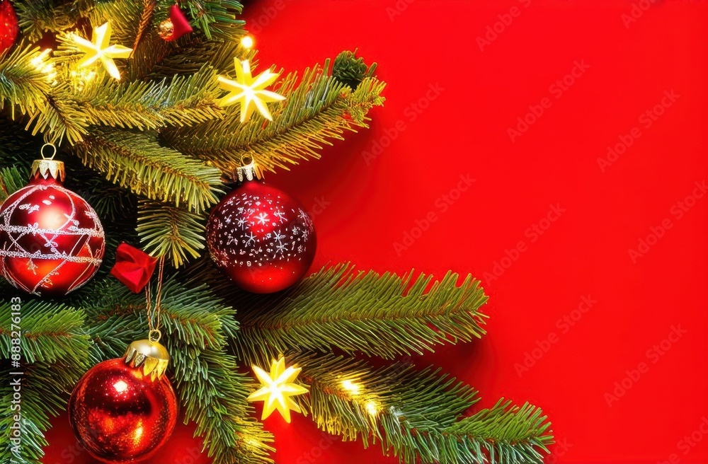 Red elegant background for Christmas or New Year postcard, Festive Christmas atmosphere. Banner, Poster, Wallpaper, Copy space. Christmas tree, balls, and snowflakes on red background. Red elegant background for Christmas or New Year postcard, Festive Christmas atmosphere. Banner, Poster, Wallpaper, Copy space. Christmas tree, balls, and snowflakes on red background.