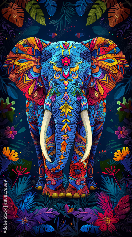Naklejka premium Indian elephant in colorful floral pattern. Abstract art print.