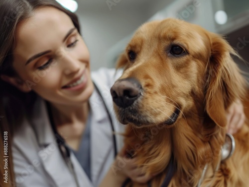 A lady wearing a lab coat gently strokes a friendly golden retriever