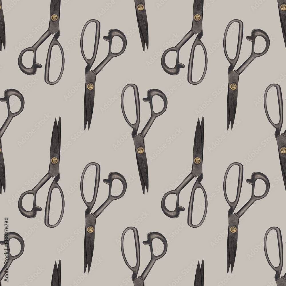 Seamless pattern: tailor's scissors. Working sewing tool for seamstress, fashion designer. Watercolor illustration for background design, packaging, banner Seamless pattern: tailor's scissors. Working sewing tool for seamstress, fashion designer. Watercolor illustration for background design, packaging, banner