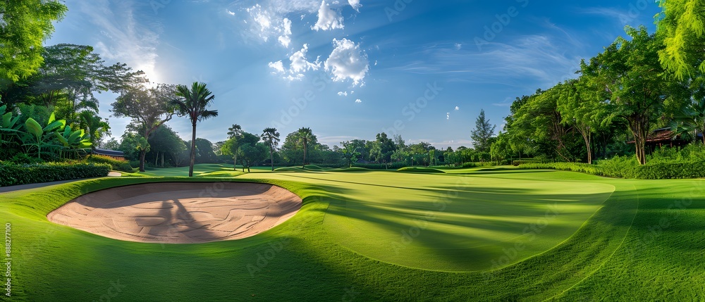 View of a golf course in Thailand with lush green grass, beautiful scenery with sand pits bunker beside the greens and golf holes. blue sky sunny day. View of a golf course in Thailand with lush green grass, beautiful scenery with sand pits bunker beside the greens and golf holes. blue sky sunny day.