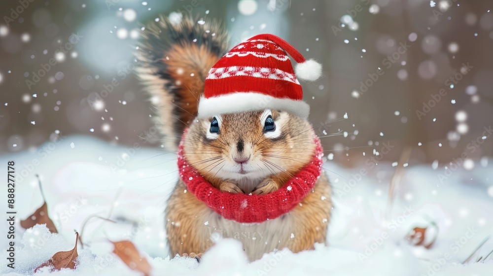 Chipmunk in snow with winter clothes like Santa Claus.. Christmas style hat and sweater. Funny animals in winter. Chipmunk in snow with winter clothes like Santa Claus.. Christmas style hat and sweater. Funny animals in winter.