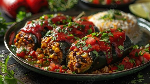 Stuffed Poblano Peppers with Cheese and Tomato Sauce - Served with Rice and Refried Beans © Junaed Ahamed Sakib