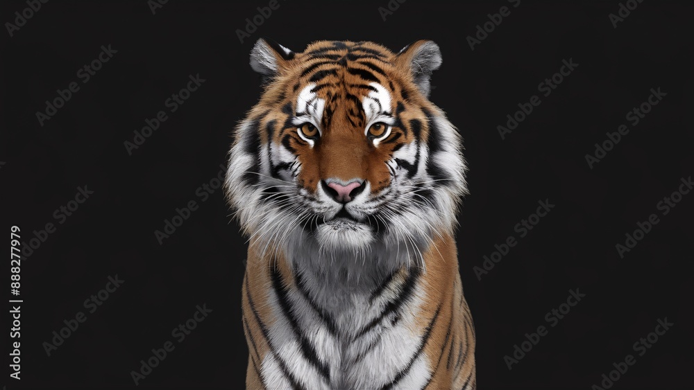 Fototapeta premium Tiger's Gaze: A powerful and majestic tiger stares intensely into the camera, its stripes and fur a captivating contrast against a dark background. The image evokes feelings of strength, wildness, and