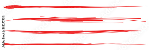 Various red crayon drawn lines, underlines and curved strokes. Doodle grungy smears and rough crayon strokes.  Red line, grunge brush stroke.