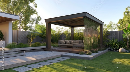 modern gazebo in the backyard of a suburban home, designed with clean lines and a minimalist aesthetic