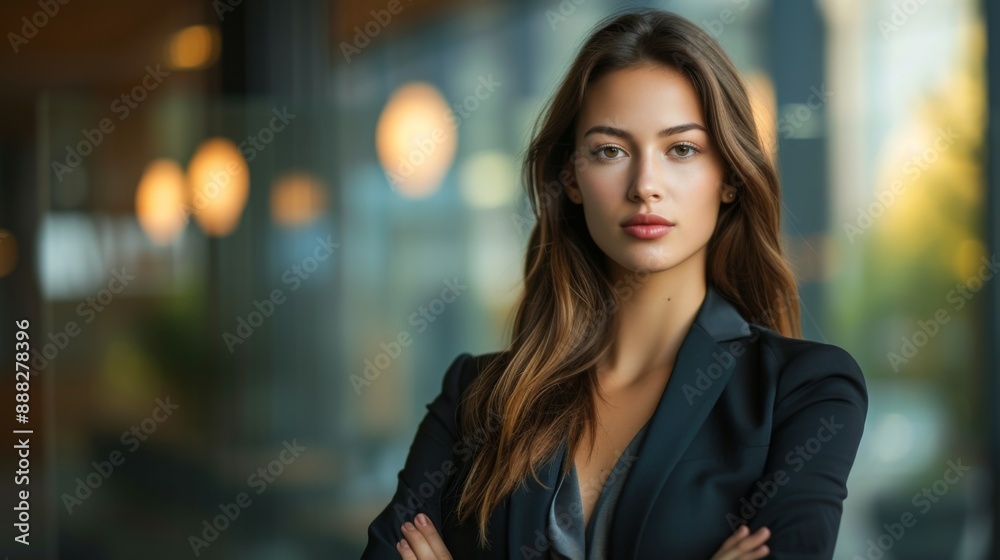 Professional businesswoman wearing a sleek black dress, standing confidently in a modern office environment