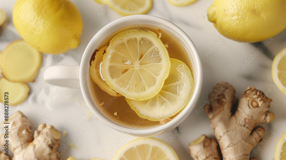 a ginger tisane, with thin slices of fresh ginger and lemon in the cup, surrounded by ginger roots and lemon halves, on a white kitchen counter a ginger tisane, with thin slices of fresh ginger and lemon in the cup, surrounded by ginger roots and lemon halves, on a white kitchen counter