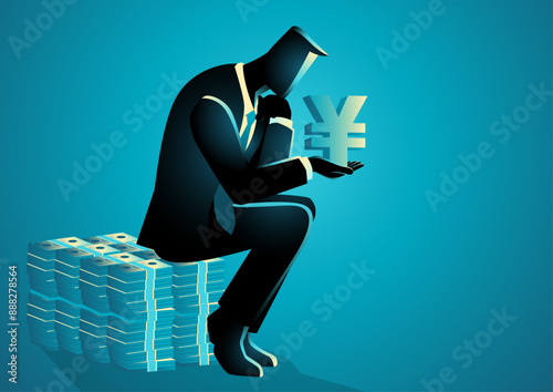 Businessman sits pensively on a pile of money, holding a yen symbol, symbolizing economic crisis and debt burden, highlights financial stress and monetary issues for financial and economic analysis