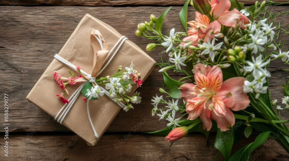 Mother Day gift arrangement with a beautifully wrapped present and a bouquet of fresh flowers Mother Day gift arrangement with a beautifully wrapped present and a bouquet of fresh flowers