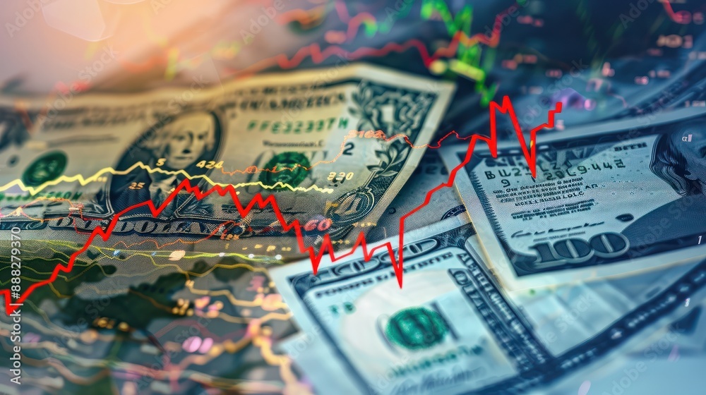 Naklejka premium Flags of California USA flag and map, up arrow, cash dollar bills and stock market indicators - Economy graph, Generative Ai