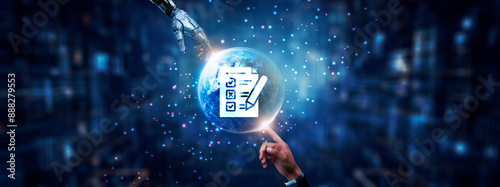 Vászonkép Hands of robot and human touching on assessment icon, global network connection, data analysis, performance metrics, and artificial intelligence technology