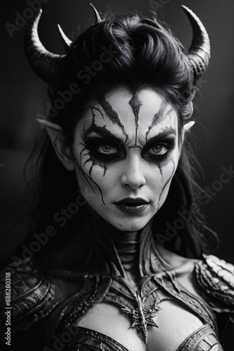Black and White Demon Girl Portrait