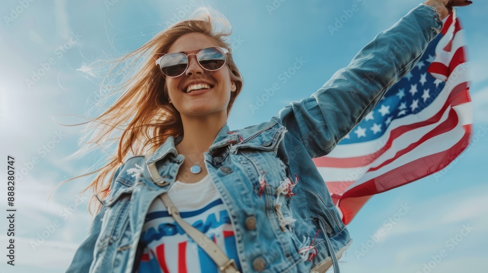 happy woman in denim jacket holding USA flag, smiling,standing against blue sky happy woman in denim jacket holding USA flag, smiling,standing against blue sky