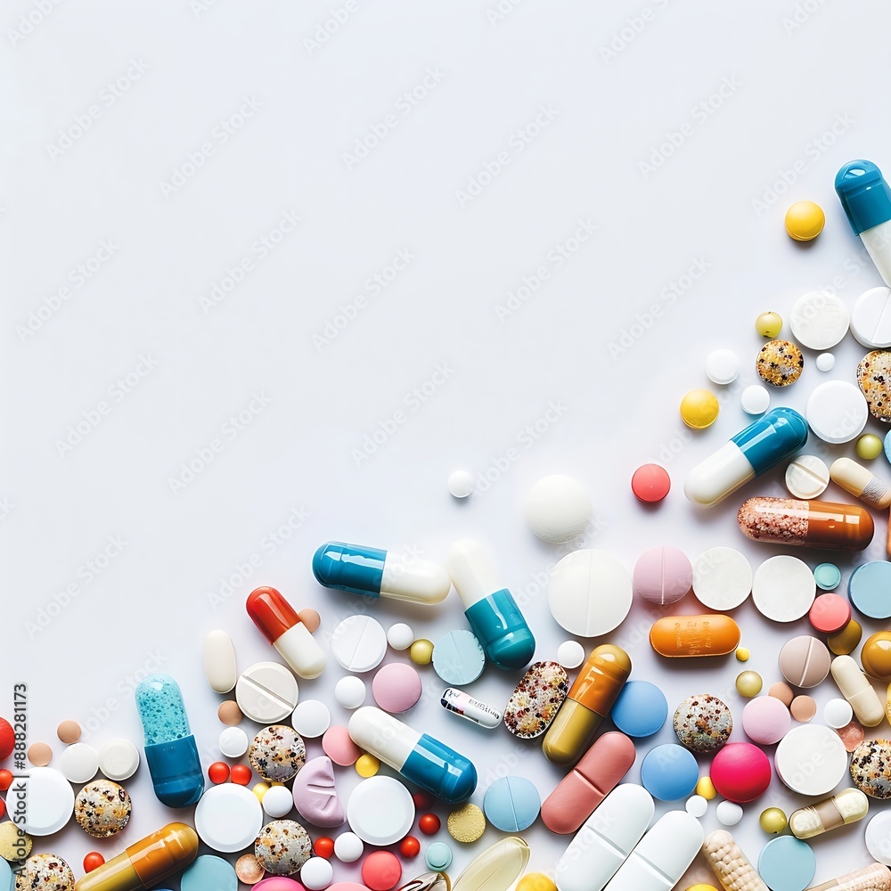 Colorful pills on a white background with space for text. Ideal for pharmaceutical advertisements, medical brochures, healthcare presentations, and drug-related marketing materials. Colorful pills on a white background with space for text. Ideal for pharmaceutical advertisements, medical brochures, healthcare presentations, and drug-related marketing materials.