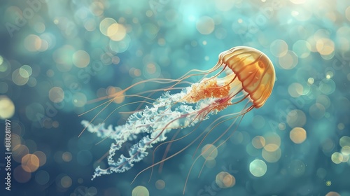 jellyfish swims, Scyphoid jellyfish, water with bokeh, animal with tentacles swims photo