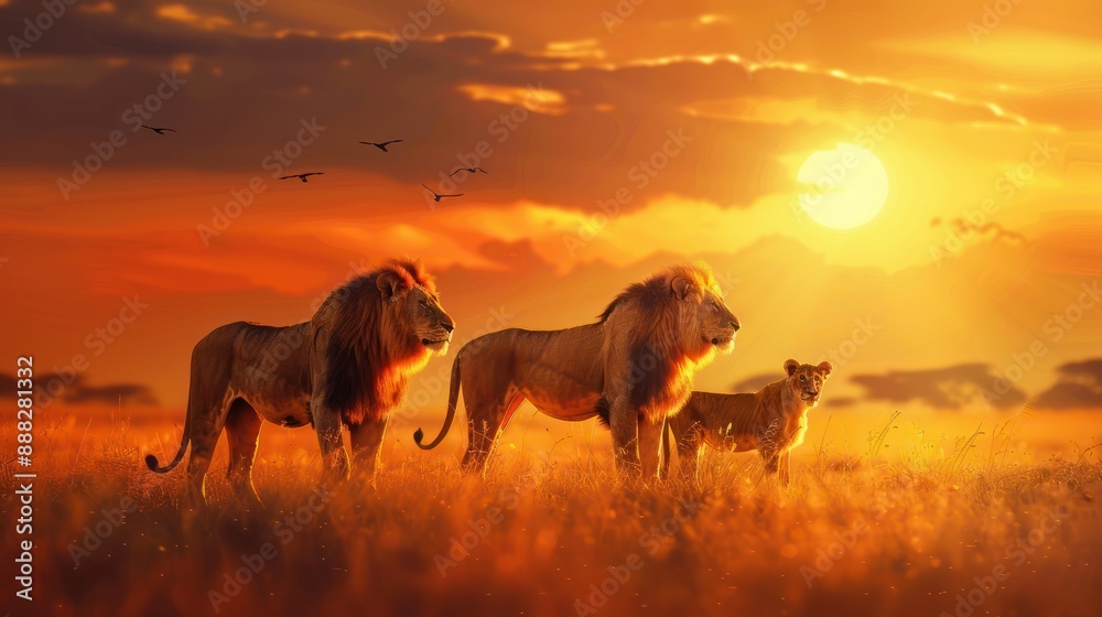 Lions standing in the savanna with setting sun shining. Group of wild animals in nature. Horizontal, banner. Lions standing in the savanna with setting sun shining. Group of wild animals in nature. Horizontal, banner.