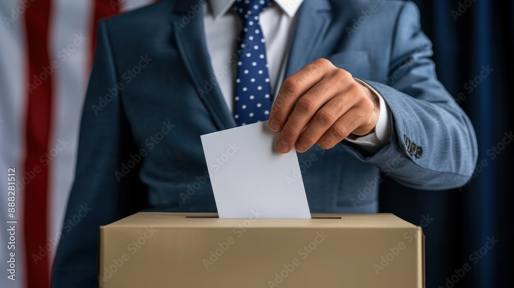 Male hand in elegant suit putting voting card into the ballot box, Presidential election 2024 in United States of America. USA flag background. Male hand in elegant suit putting voting card into the ballot box, Presidential election 2024 in United States of America. USA flag background.