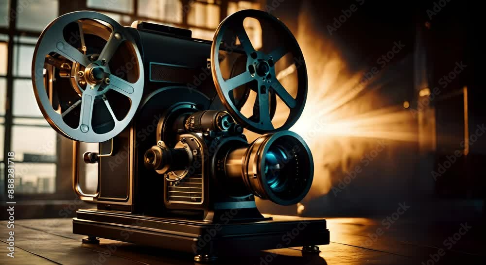Classic film projector with reels on stage, for retro cinema events and film history presentations, theatre promotions and nostalgic film ads. Vintage movie projector casting lights in a movie theatre
