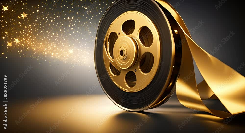 Glowing film reel with sparkling background, for luxury movie promotions or cinematic celebrations, high-end film events and award shows. Elegant golden film reel with glittering effects