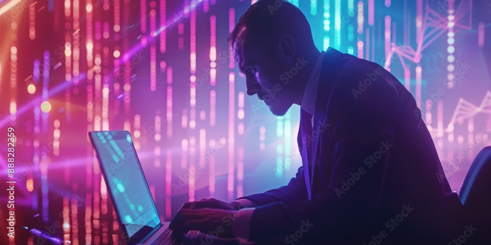 A man is focused on his laptop, possibly working or browsing the internet A man is focused on his laptop, possibly working or browsing the internet