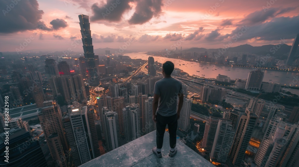 Naklejka premium A lone man stands on a rooftop overlooking a sprawling city at sunset, with towering skyscrapers, a winding waterway, and colorful clouds in the sky