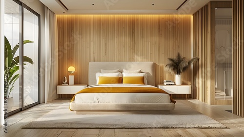 serene bedroom with warm lighting and elegant wooden features

