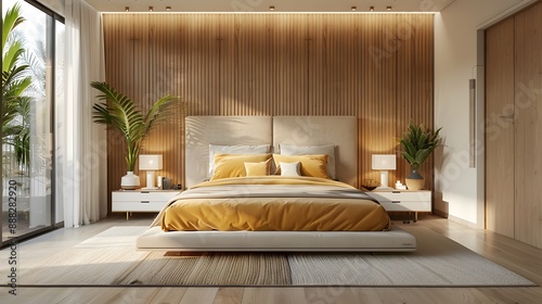 modern bedroom design featuring natural wood elements and lush greenery
