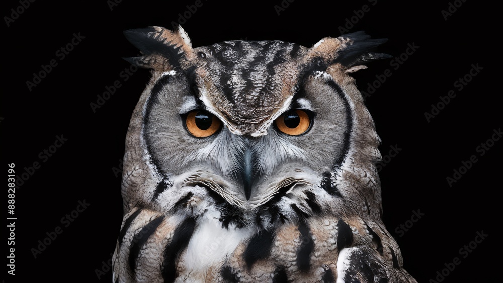 Fototapeta premium Piercing Gaze of Wisdom: A Majestic Owl on Black