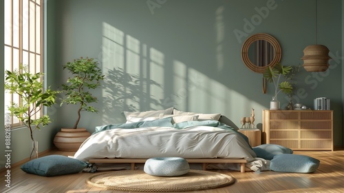 tranquil bedroom featuring earthy tones and simple furnishings
