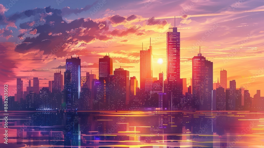 Panorama of modern city with skyscrapers at sunset, illustration Panorama of modern city with skyscrapers at sunset, illustration