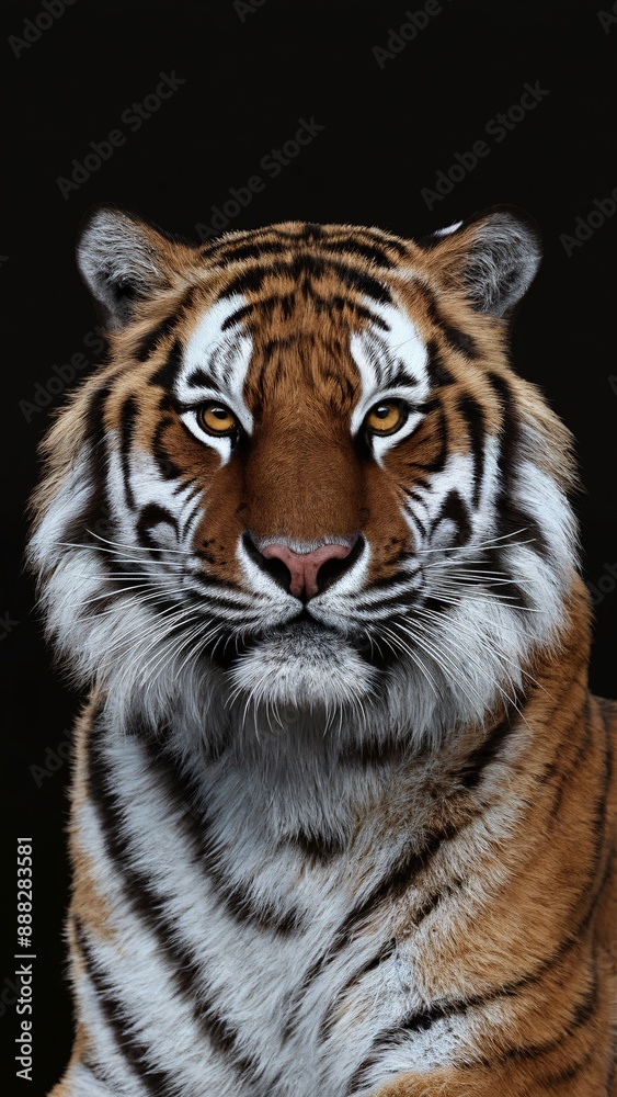 Obraz premium Tiger's Gaze: A majestic Siberian tiger stares intently into the camera, its powerful presence captured in a close-up portrait against a black background. The tiger's piercing gaze and intricate stri