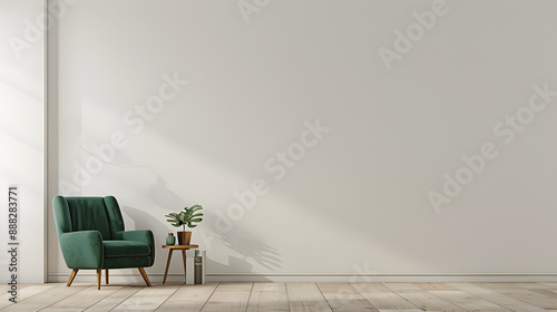 Fototapeta Naklejka Na Ścianę i Meble -  Living room style minimal with green armchair on empty white wall background- 3D rendering