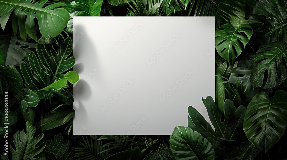 white poster framed by green foliage, providing a clean slate for nature-themed messages, eco-friendly advertisements, or creative expressions in a natural setting white poster framed by green foliage, providing a clean slate for nature-themed messages, eco-friendly advertisements, or creative expressions in a natural setting