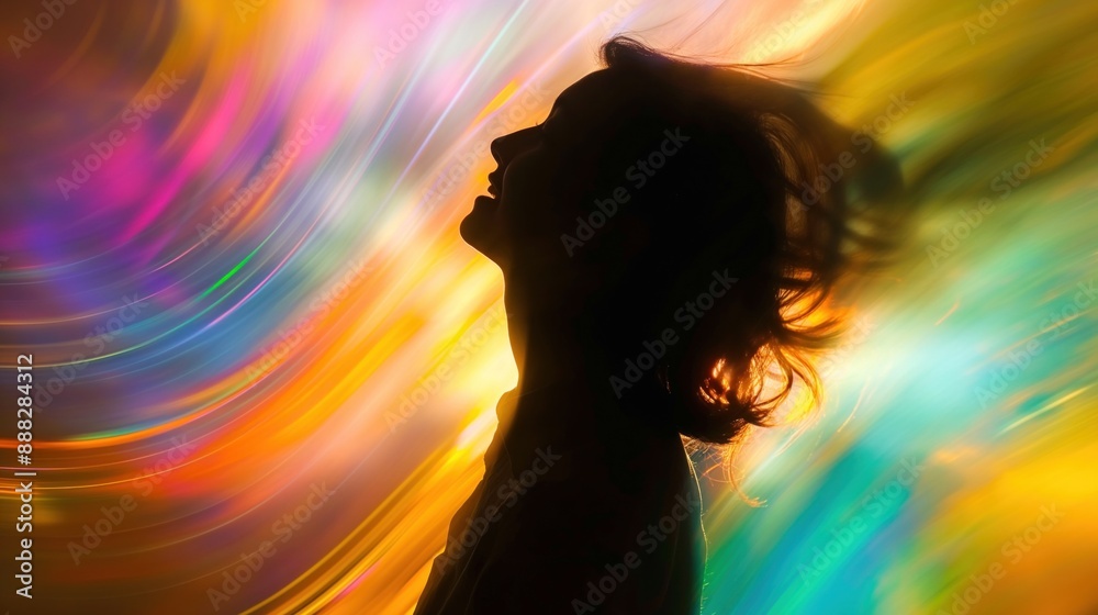 A woman's silhouette stands out against a backdrop of brightly colored, swirling light streaks. Her hair is moving, suggesting she is in a moment of joy and excitement A woman's silhouette stands out against a backdrop of brightly colored, swirling light streaks. Her hair is moving, suggesting she is in a moment of joy and excitement