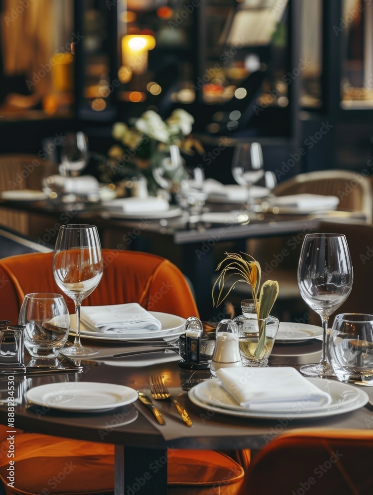 Elegant dining setup with plates, glasses, and cutlery Elegant dining setup with plates, glasses, and cutlery