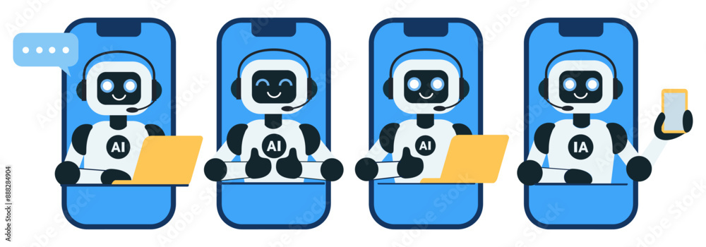 Set of cute chat bot robot with yellow laptop illustrations. Robot assistant with yellow laptop for customer support. AI bot helper. Concept of virtual conversation assistant for getting help. Robot Set of cute chat bot robot with yellow laptop illustrations. Robot assistant with yellow laptop for customer support. AI bot helper. Concept of virtual conversation assistant for getting help. Robot