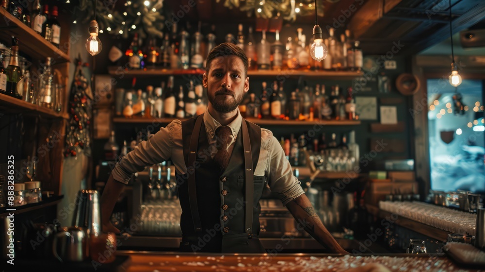 The bartender is standing in front of the sled and looking at the camera