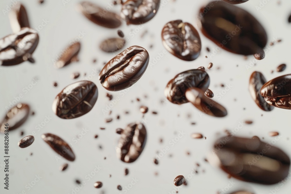 Coffee beans in mid-air, ideal for cafe decor or product shots Coffee beans in mid-air, ideal for cafe decor or product shots