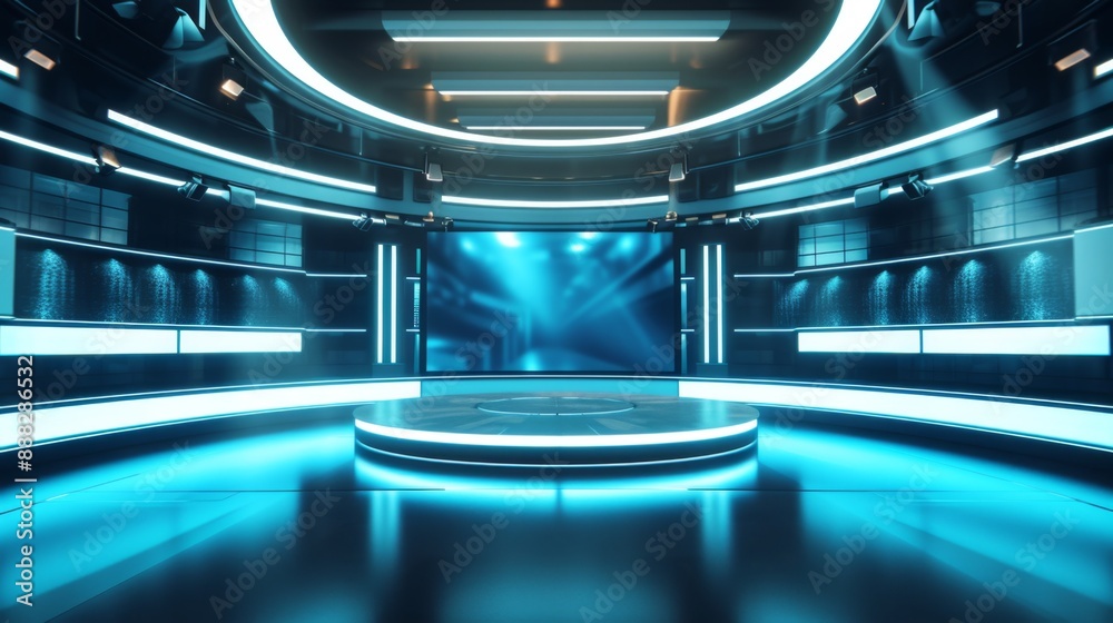 TV show backdrop featuring a large screen displaying vibrant visuals TV show backdrop featuring a large screen displaying vibrant visuals